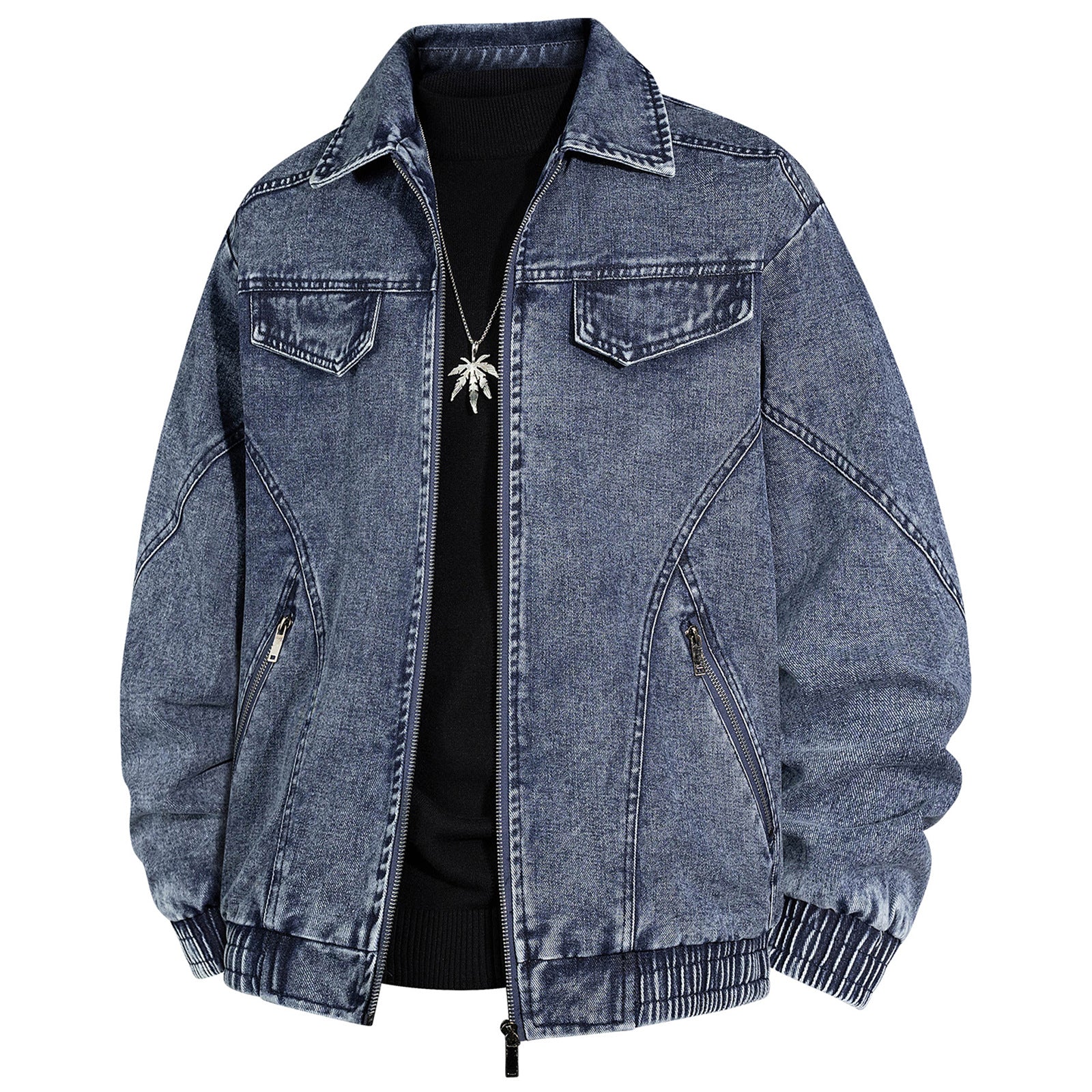 Men's Oversized Jeans Bomber Jacket with Stone Wash, Zipper and Ribbed Hem Chichicherry