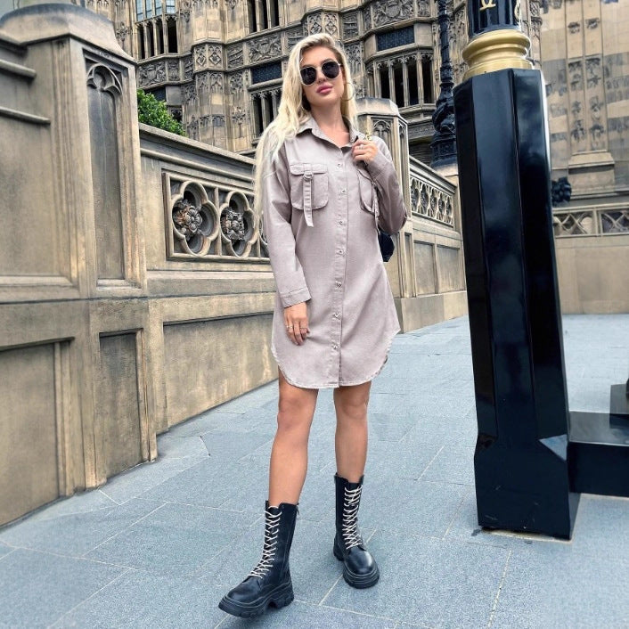 Women Oversized Shirt Dress with Flap Pockets and Curved Hem Chichicherry