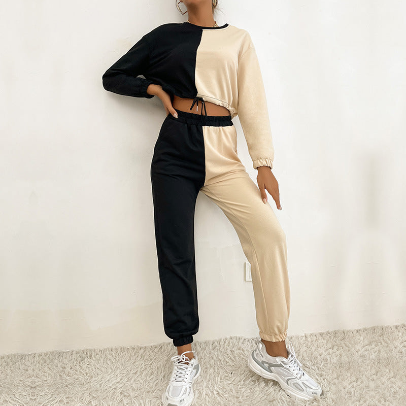 Women's Two-Tone Cropped Jogging Set with Drawstring, Elastic Cuffs, and Boxy Cut Chichicherry