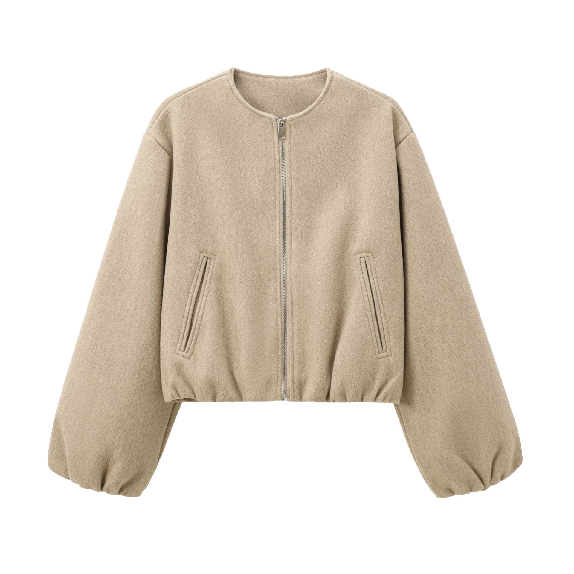 Women's Short Wool Blend Bomber with Round Neck, Zipper and Elastic Hem Chichicherry