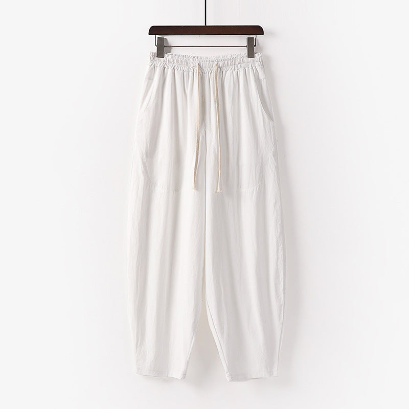 Women's Soft Linen Harem Pants with Elastic Waistband and Drawstring Chichicherry