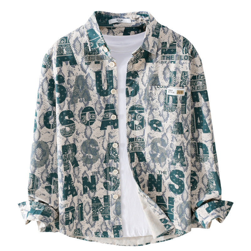 Men's Loose Shirt Jacket Overshirt with Allover Letter Print and Vintage Snake Texture Chichicherry