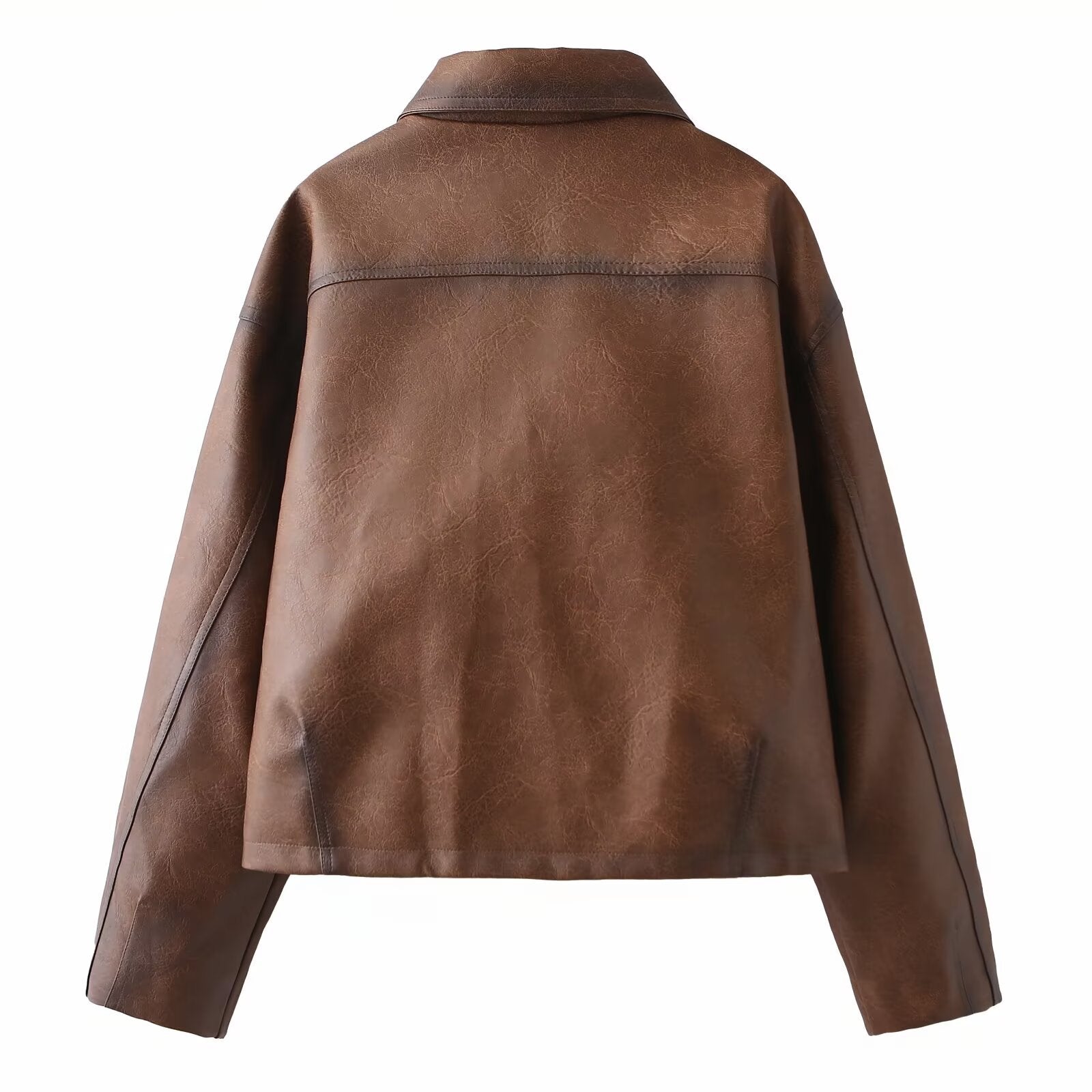 Women's Short Oversized Faux Leather Jacket with Shirt Collar and Flap Pockets Chichicherry