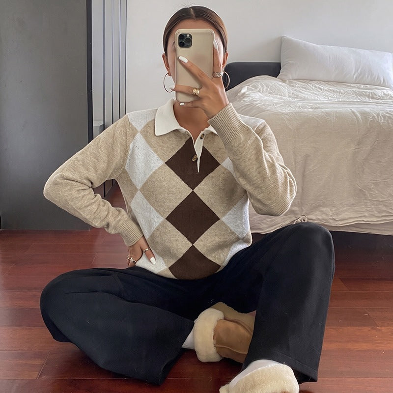 Women's Argyle Polo Knit Sweater with Contrast Collar and Decorative Button Chichicherry