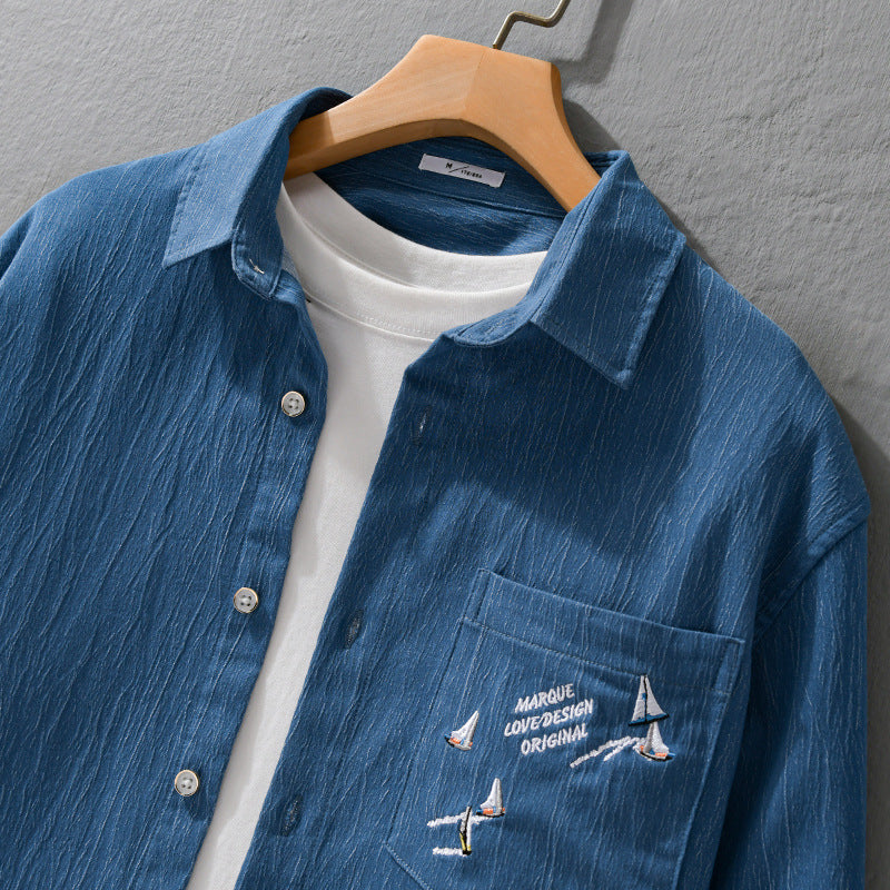 Men's Textured Chambray Overshirt with Maritime Embroidery and Chest Pocket Chichicherry
