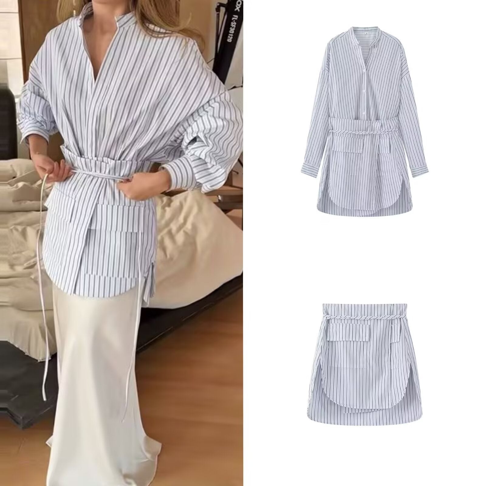 Women's Two-Piece Striped Shirt Blouse Mini Dress with Wrap Waist Belt and Separate Mini Skirt Chichicherry