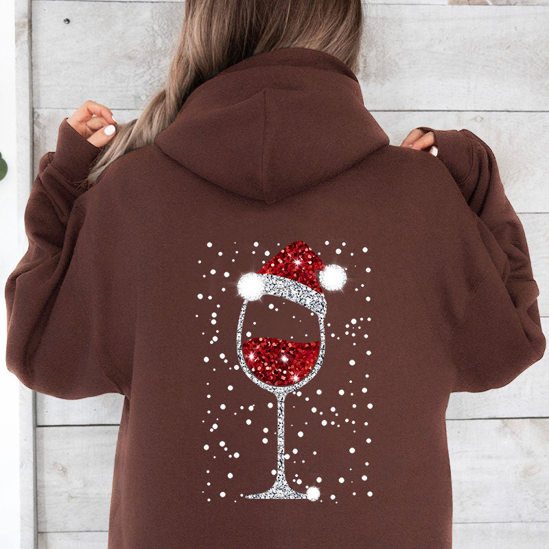 Women's Oversize Hoodie with Christmas Glitter Wine Glass Print Chichicherry