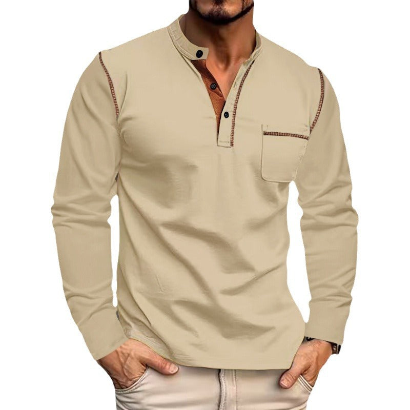 Men's Long Sleeve Henley Shirt with Stand Collar and Chest Pocket Chichicherry