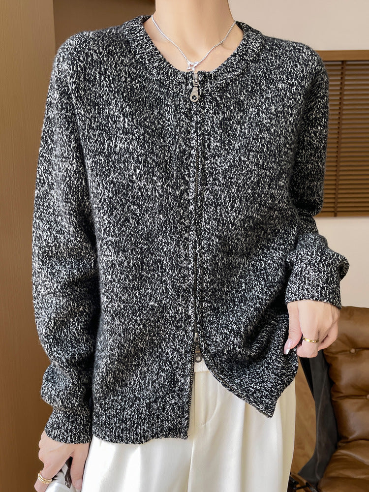 Women Mélange Zip Cardigan with Two-Way Zipper and Ribbed Cuffs Chichicherry