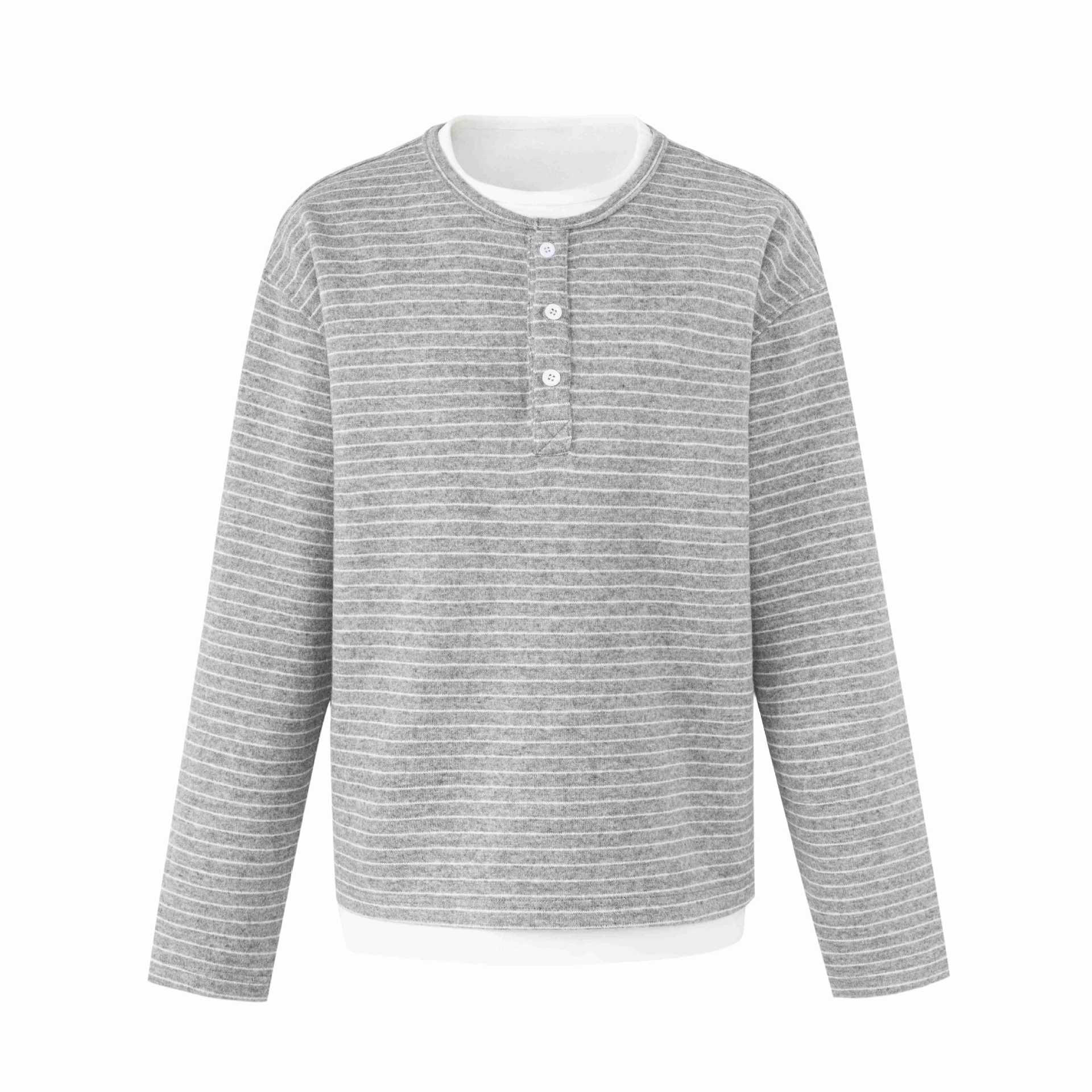 Women's Striped Long Sleeve Henley Shirt with Button Placket and Layered Look Chichicherry