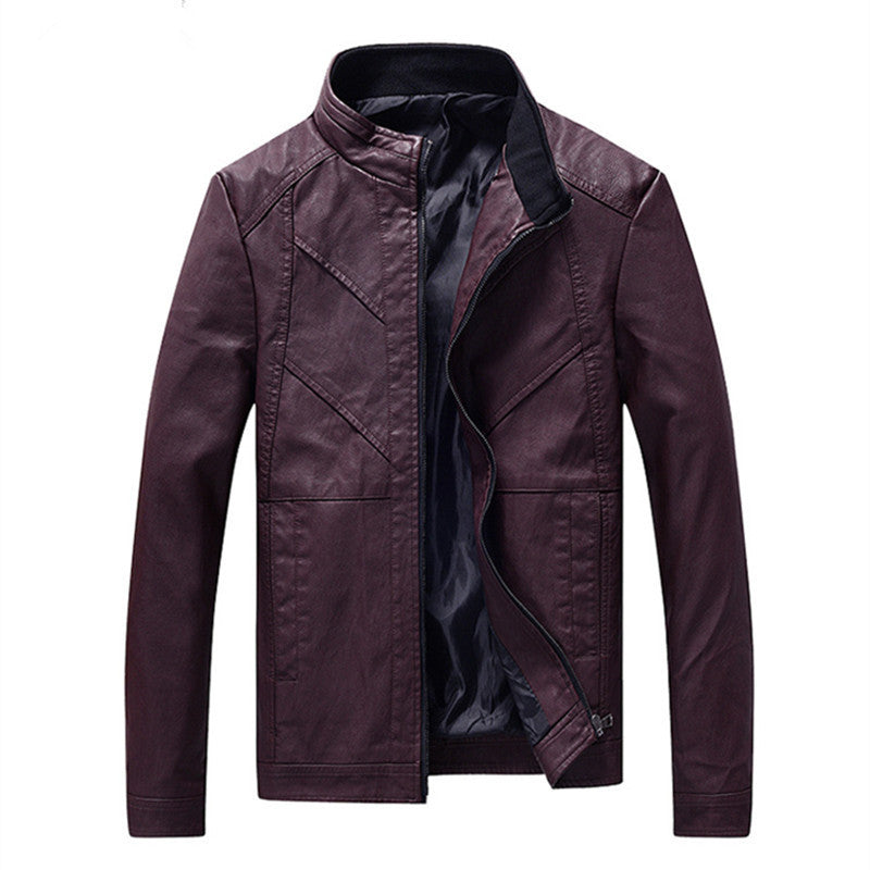 Men's slim faux leather moto jacket with stand collar, ergonomic seam construction, and lightweight thermal lining Chichicherry