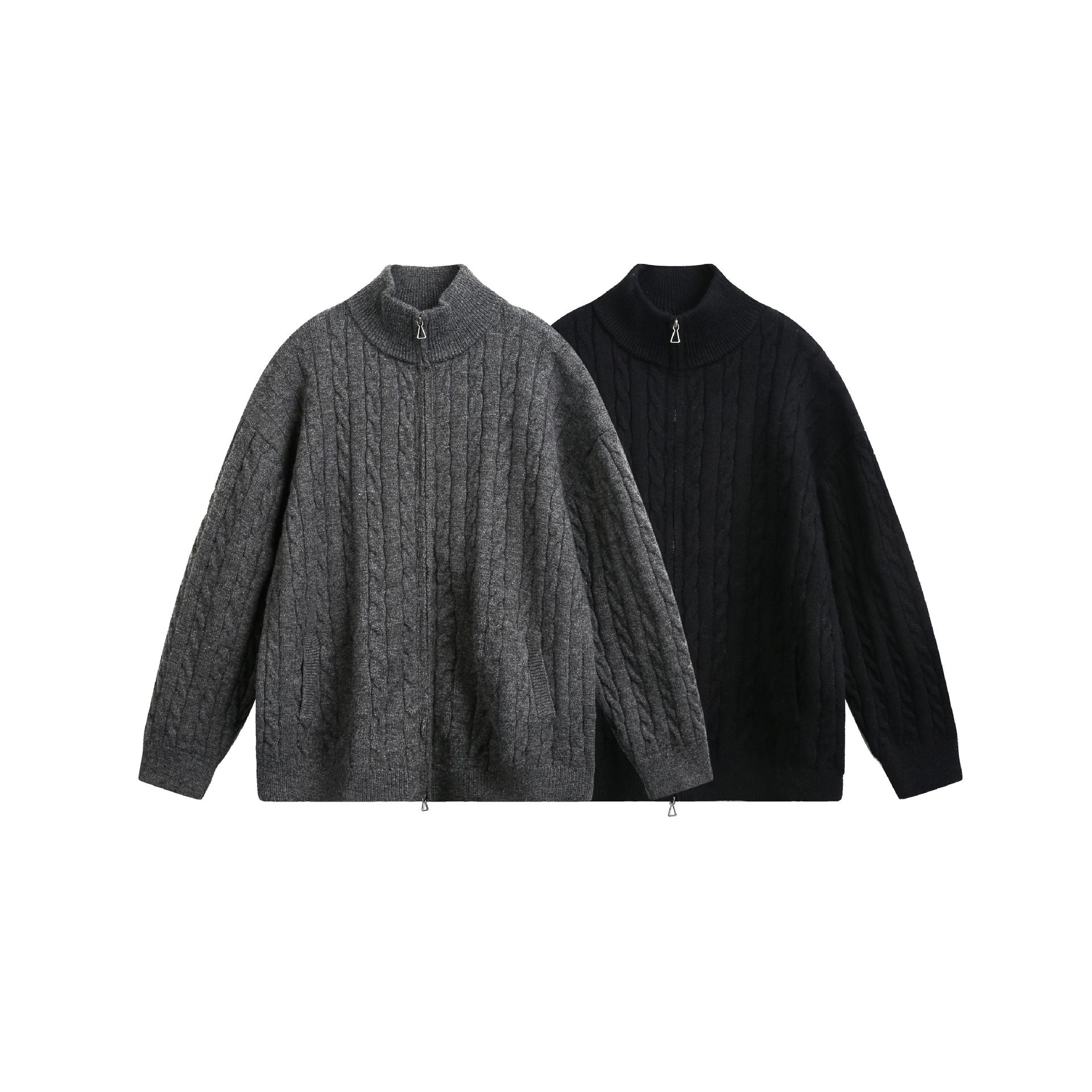 Unisex chunky knit pullover with cable pattern, high stand-up collar and two-way zipper Chichicherry