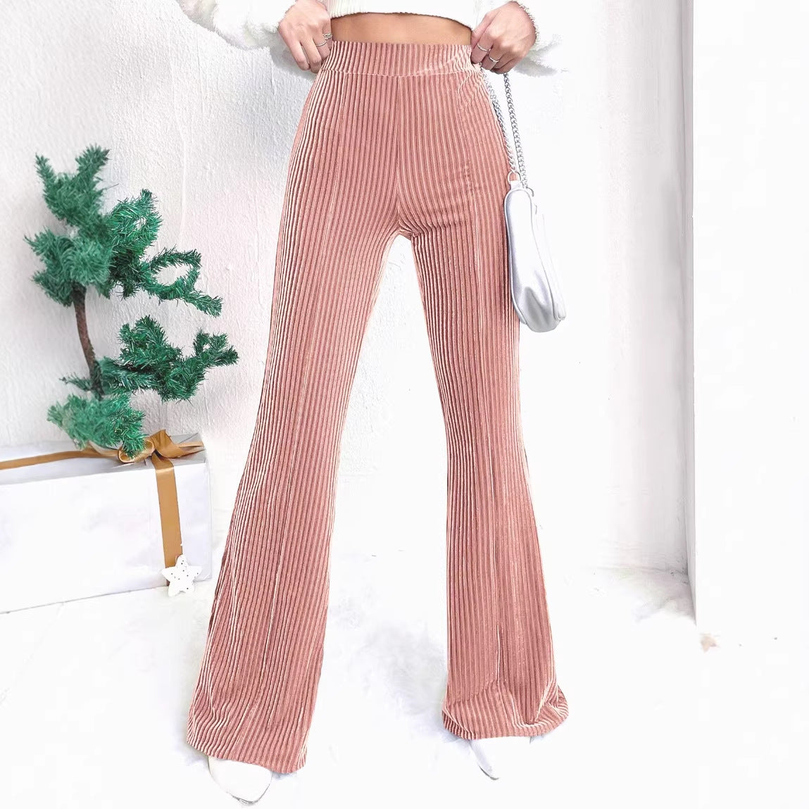 Women's High-Waisted Velvet Corduroy Pants with Pleated Look and Wide Leg Chichicherry
