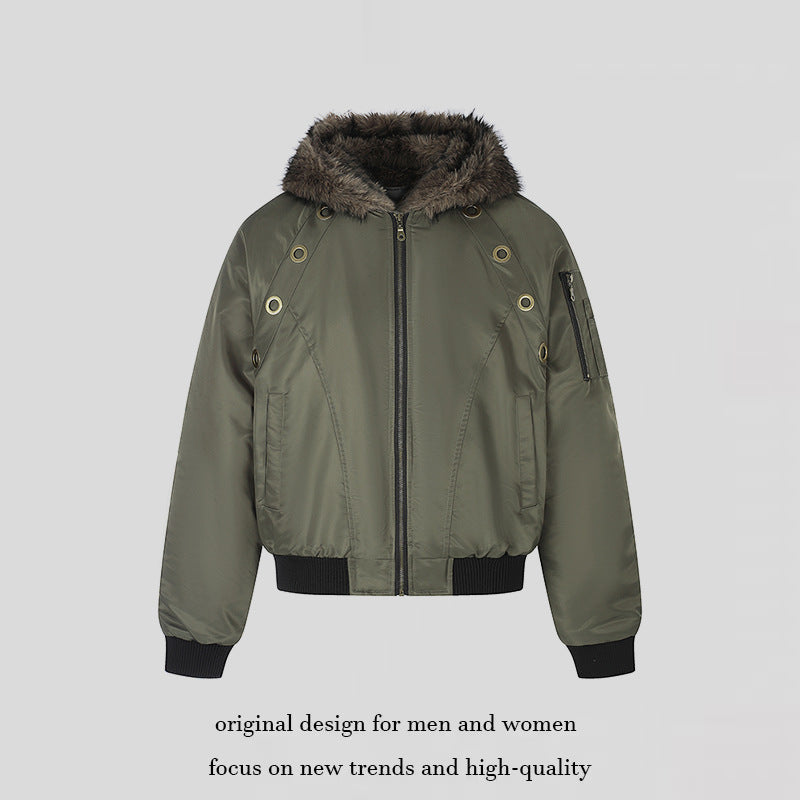 Women's short-cut bomber jacket with faux fur hood and eyelet application Chichicherry