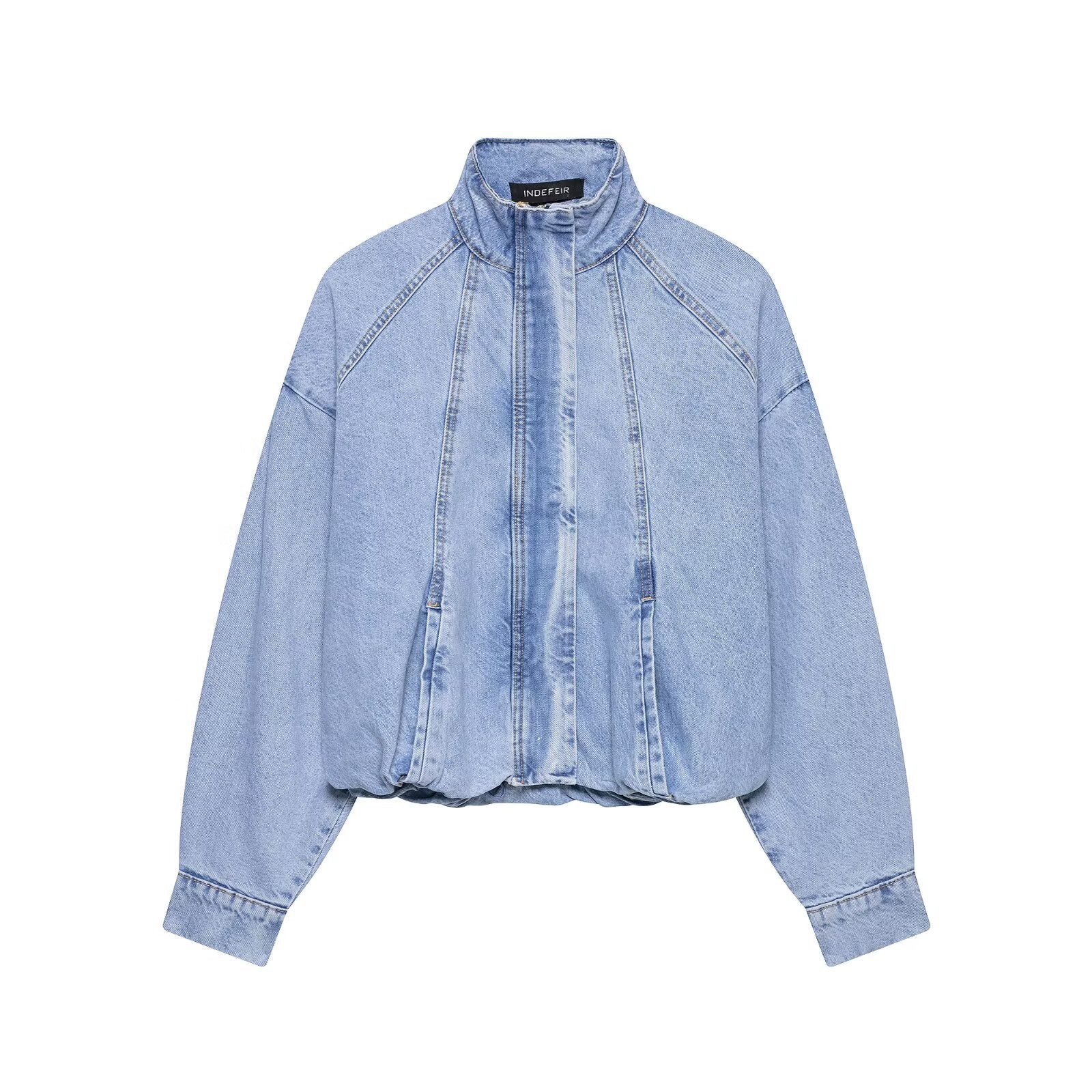 Women's Oversize Denim Blouson with high standing collar and elastic hem Chichicherry