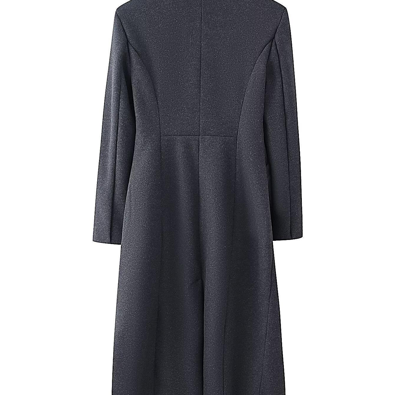 Ladies Elegant Wool Blend Long Coat with Shawl Collarless Look and Single Button Closure Chichicherry