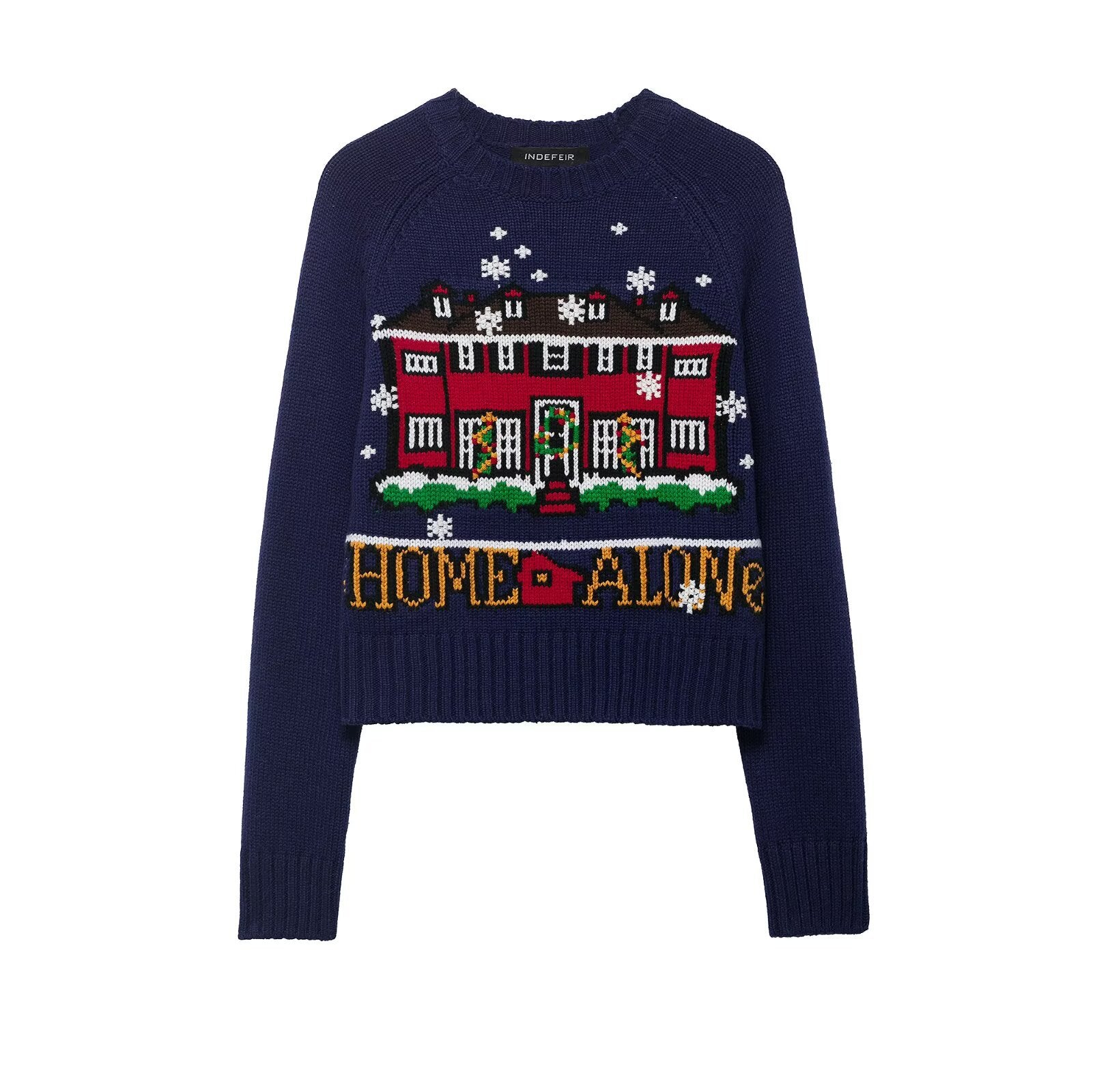 Women Cropped Christmas Sweater with Intarsia House Motif and Round Neckline Chichicherry