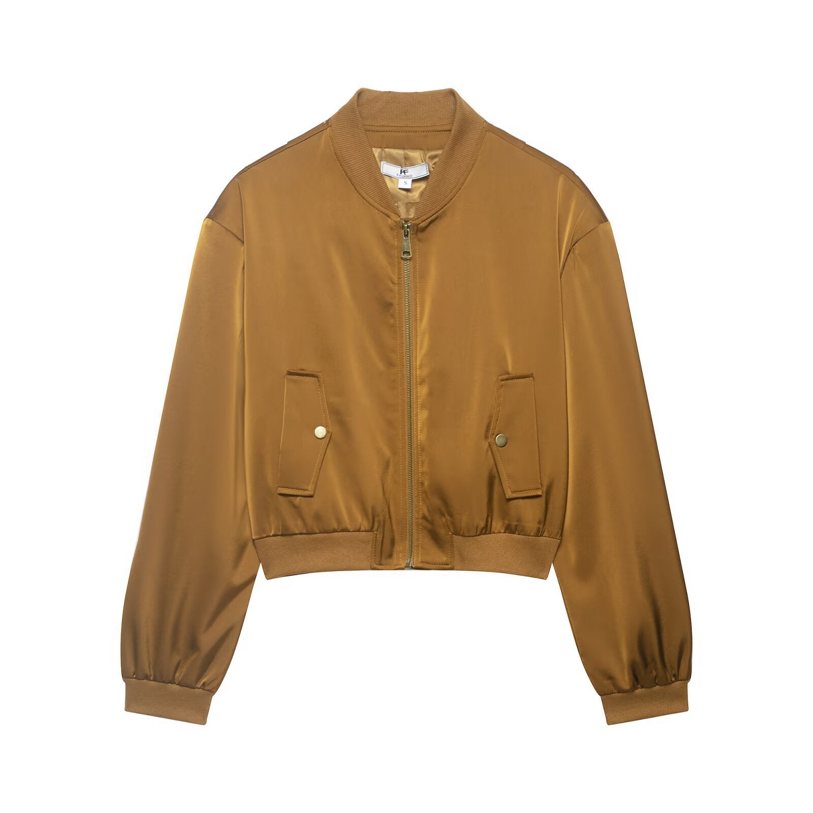 Women Cropped Satin Bomber Jacket with Zipper, Flap Pockets and Ribbed Cuffs Chichicherry