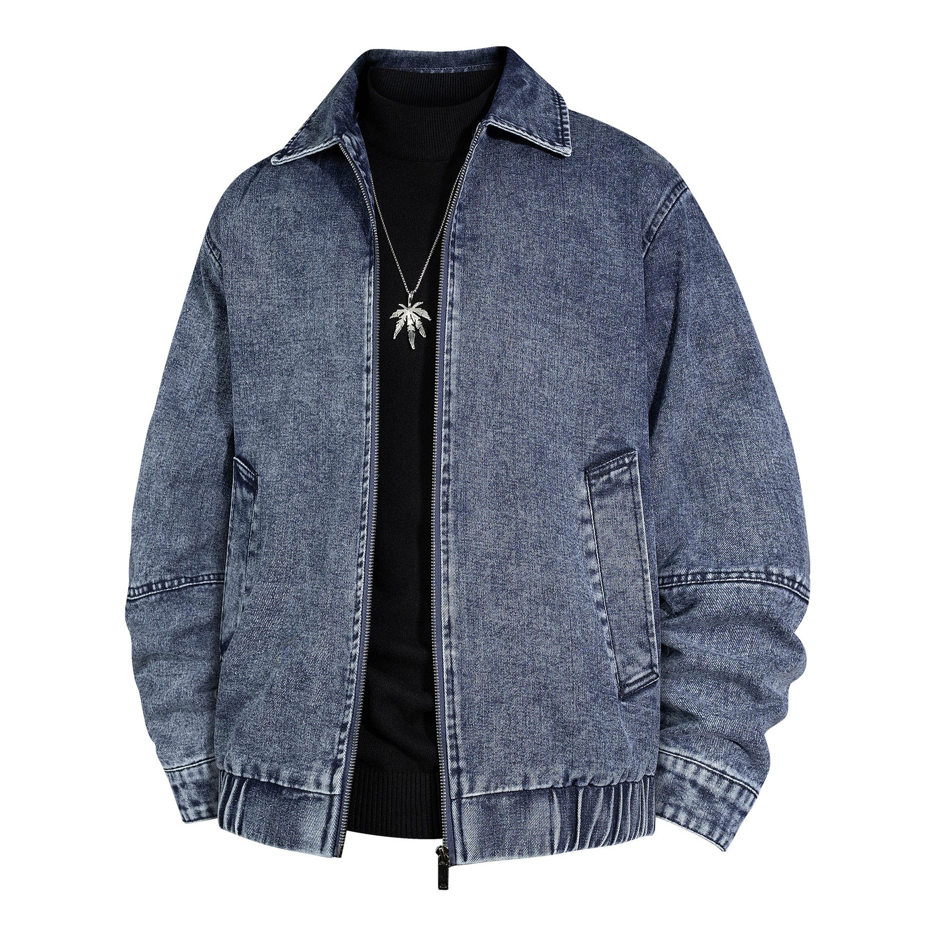 Men's Oversized Vintage Denim Jacket with Continuous Metal Zipper Chichicherry