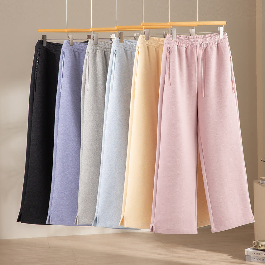 Ladies Wide Highwaist Sweatpants with Drawstring, Side Pockets and Hem Slit Chichicherry