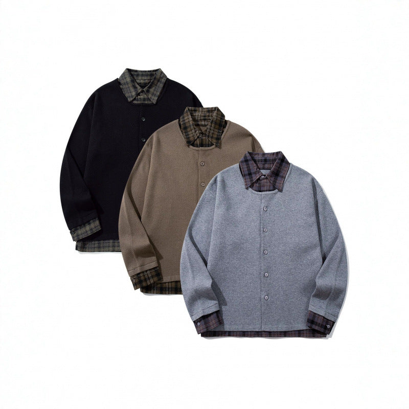 Unisex Layering Set made of checked blouse and open knit cardigan Chichicherry