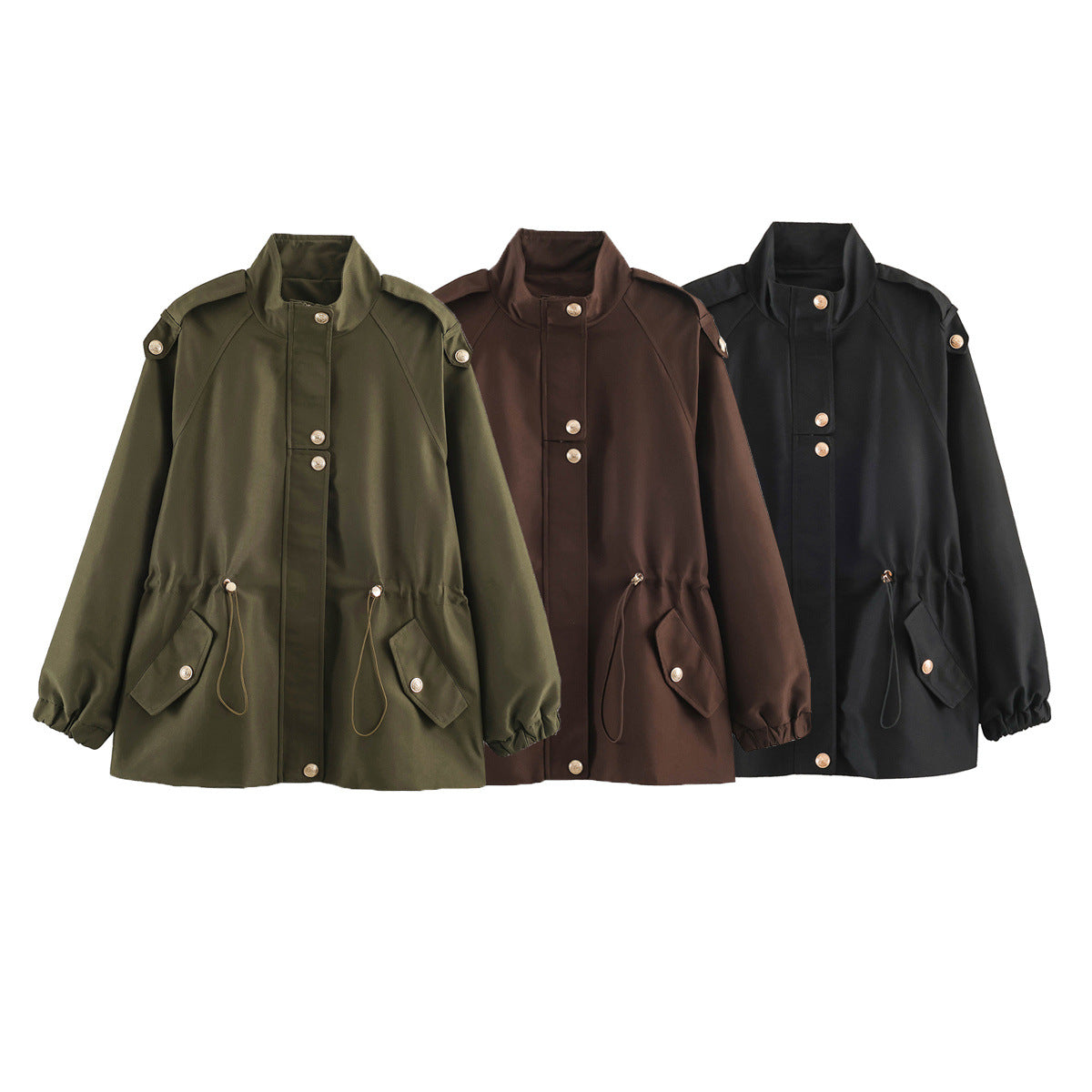 Women's short jacket in utility style with drawstring, raglan sleeves and metal button placket Chichicherry