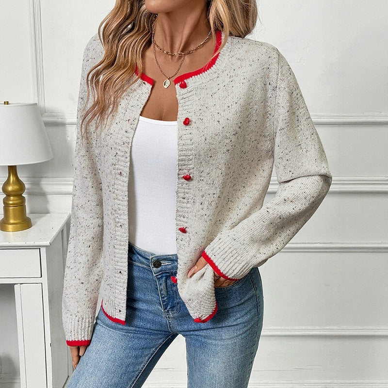 Women’s short-cut knitted cardigan with mélange bobble texture and contrasting cuffs Chichicherry