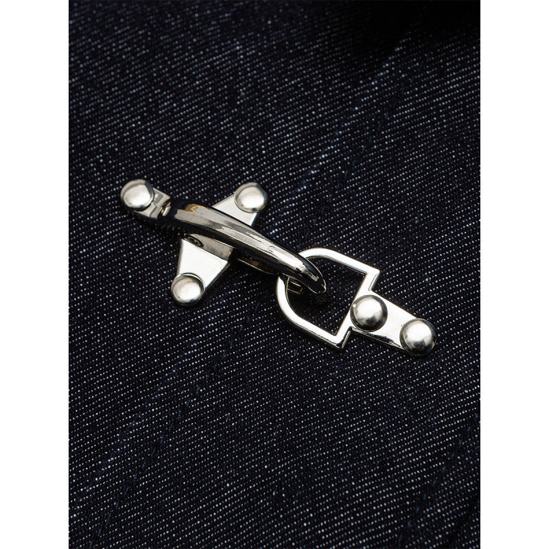 Men's Boxy Denim Jacket with Cord Collar and Metal Toggle Closures Chichicherry