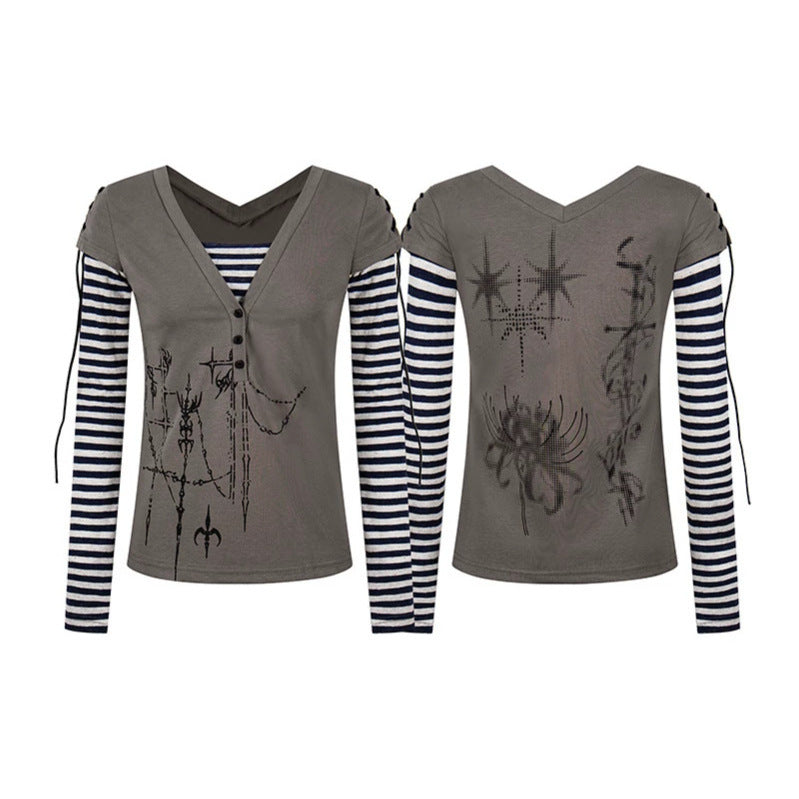 Women's Layered Long Sleeve Shirt with V-Neck, Striped Inner Layer and Lacing Detail Chichicherry