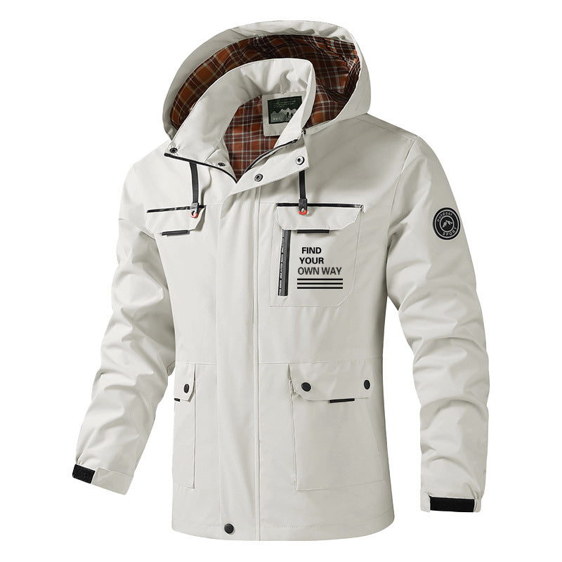 Men's Breathable Water-Resistant Hooded Outdoor Jacket with Checked Lining, Multifunctional Pockets & Adjustable Hood Chichicherry