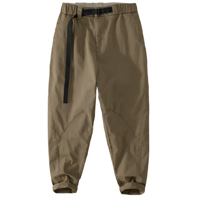 Men's Casual Tapered Cargo Pants with Elastic Waistband and Integrated Webbing Belt Chichicherry