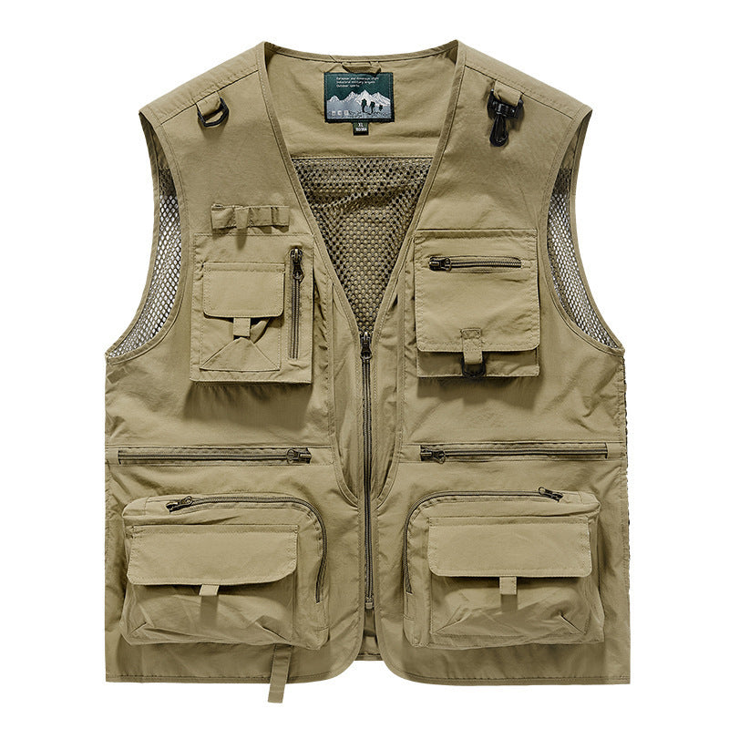 Men's utility vest with multi-functional pockets, mesh ventilation, and zip closure