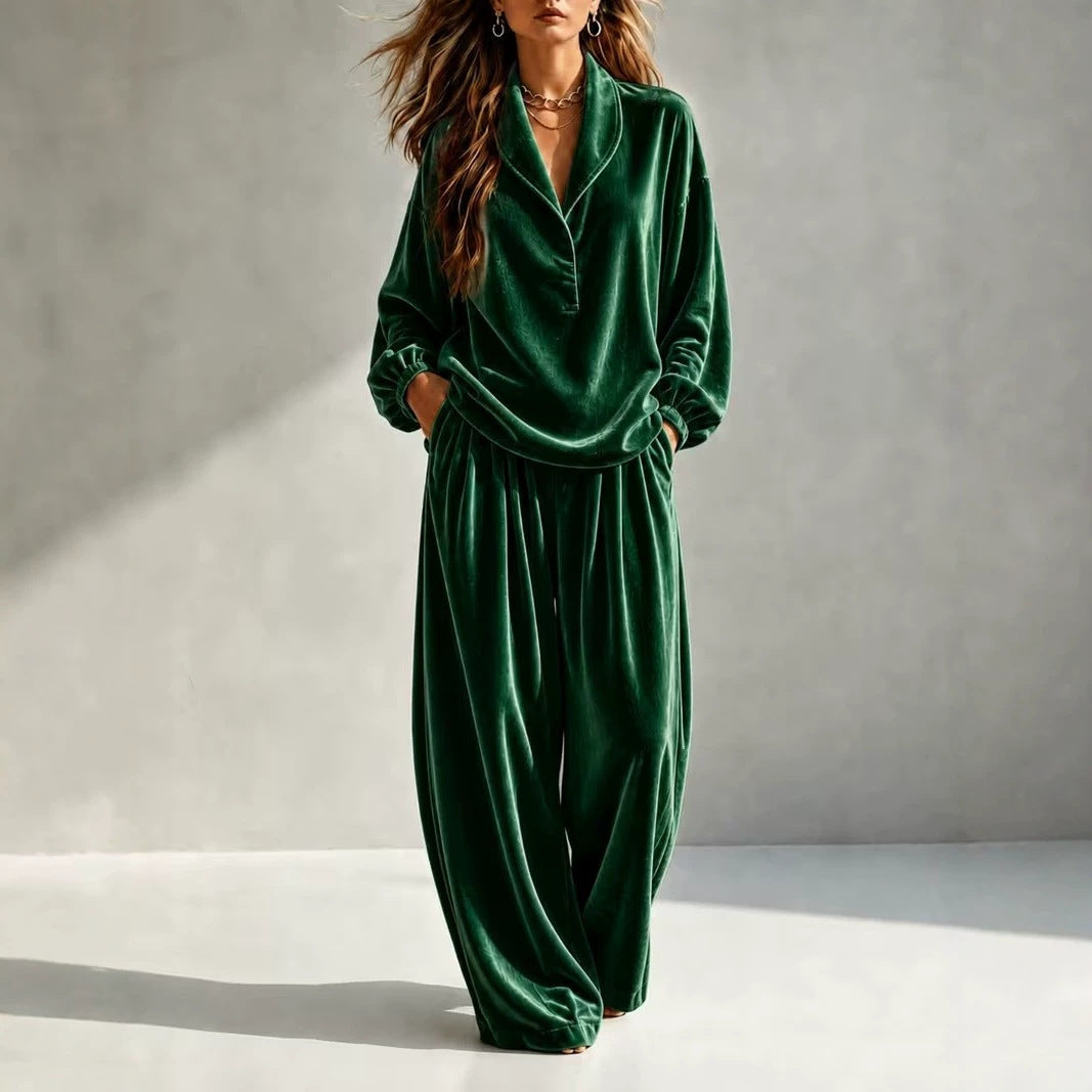 Damen Luxuriöses Velours-Loungewear-Set mit Schalkragen und weiter Palazzo-Hose Chichicherry
