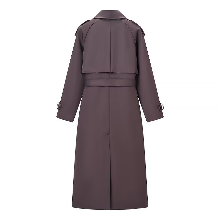 Women's Longer Tailored Trench Coat with Tie Belt and Double Row Chichicherry
