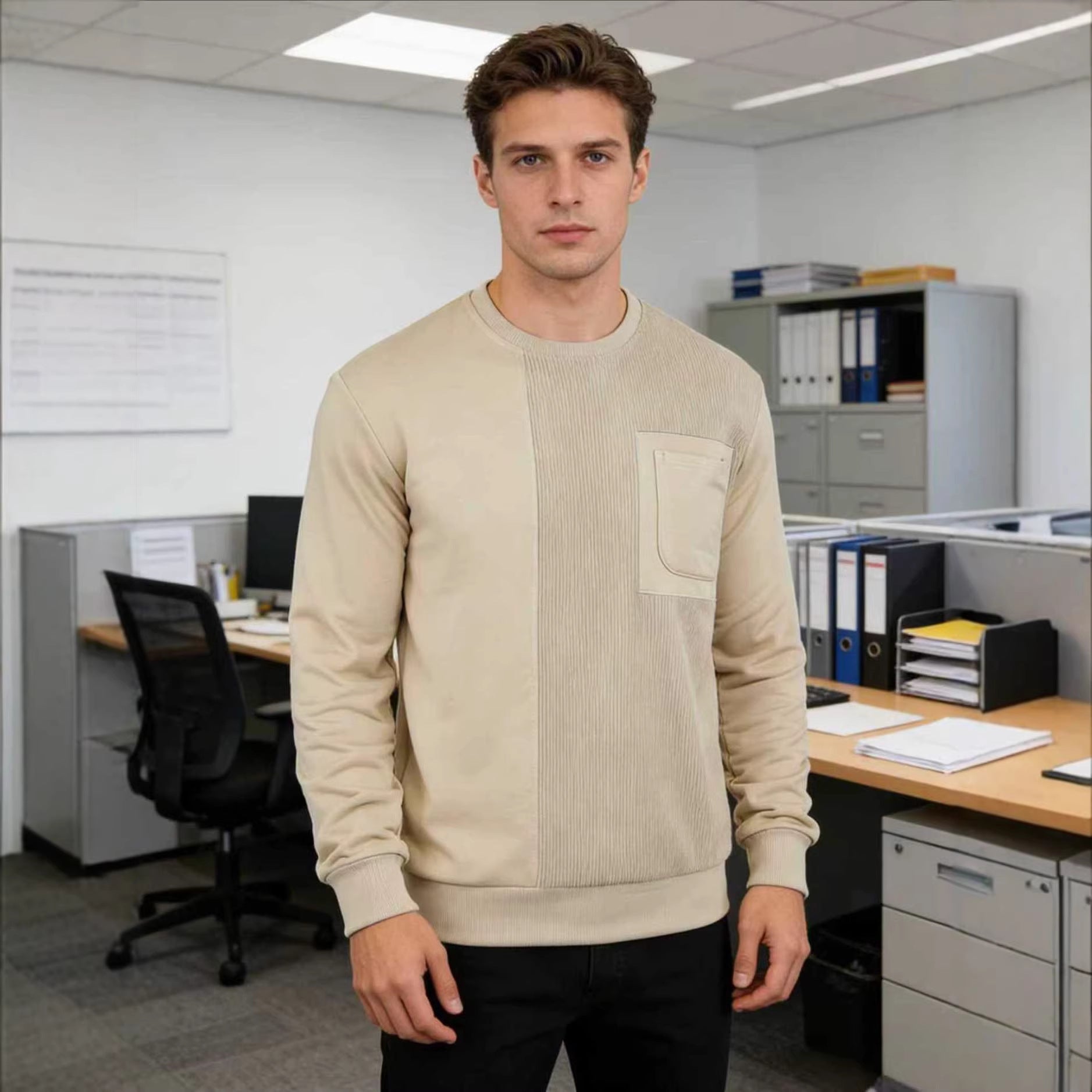 Men's Long Sleeve Textured Sweatshirt with Chest Pocket and Rib Detail Chichicherry