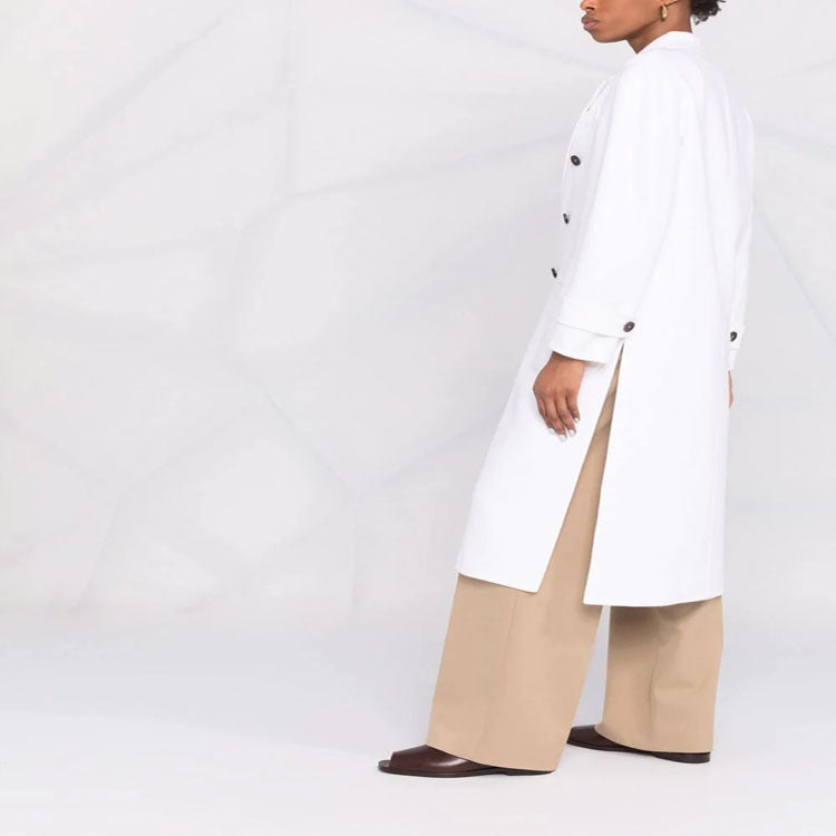 Women Double-breasted Midi Coat in Modern Tailoring with Extended Lapels and Patch Pockets Chichicherry