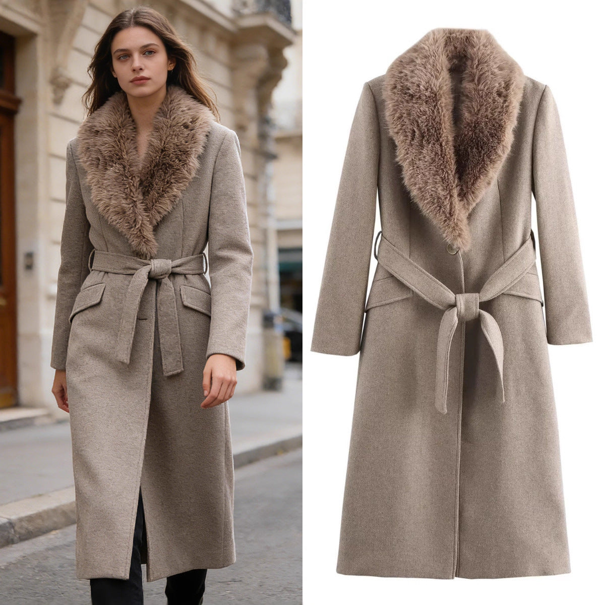 Women's wool coat with removable faux fur shawl collar and belted waist Chichicherry