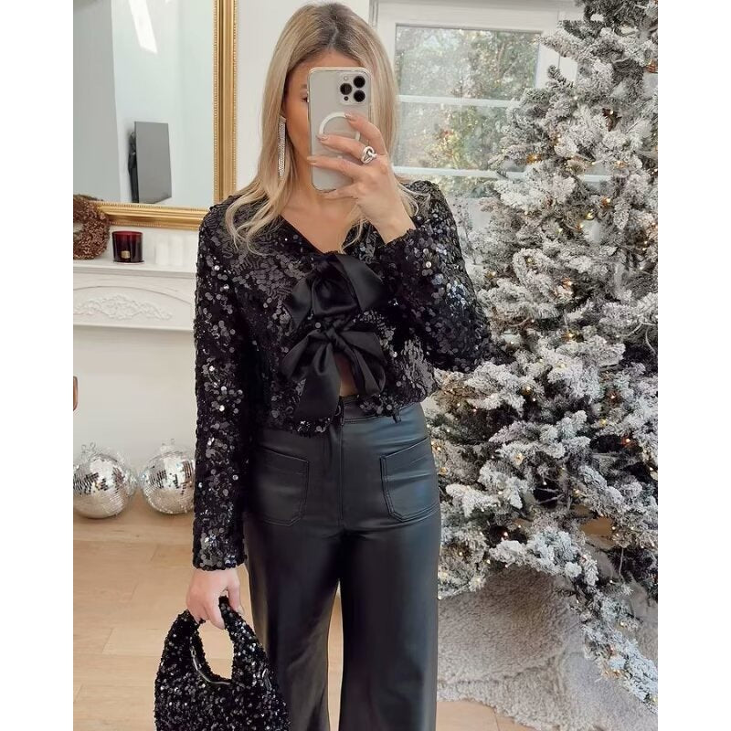 Women’s Short Cut Sequin Bolero Jacket with Triple Satin Bows and Lined Interior Chichicherry