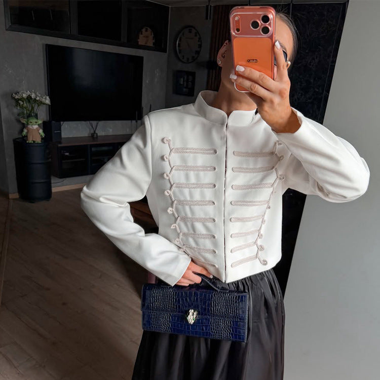 Women Cropped Military Blazer with Stand Collar and Decorative Cord Decoration Chichicherry