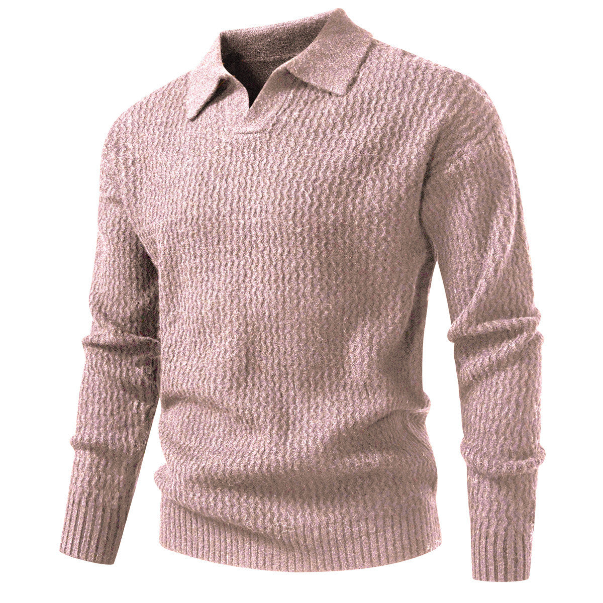 Men's polo collar fine knit sweater with textured wave design and ribbed hem Chichicherry