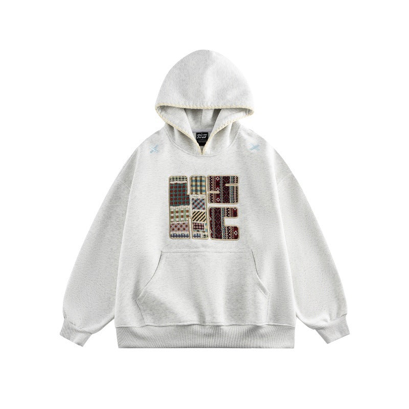 Unisex Wide Cut Hoodie with Patchwork Application and Kangaroo Pocket Chichicherry