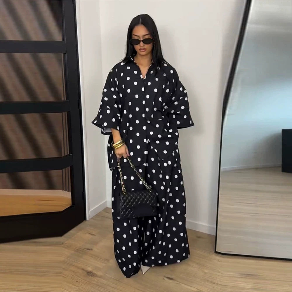 Women's Two-Piece Oversized Blouse and Palazzo Pants Set with Polka Dot Pattern Chichicherry