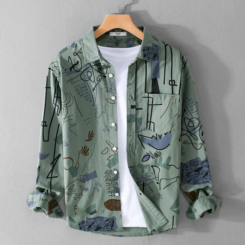 Men's Loose Shirt Jacket Overshirt with Abstract Sketch Print, Chest Pocket, and Soft Cotton Feel Chichicherry