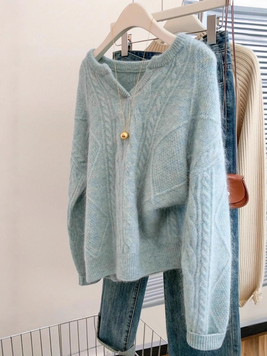 Women Oversize Mohair-Look Cable Knit Sweater with V-Neck and Drop Shoulder Chichicherry