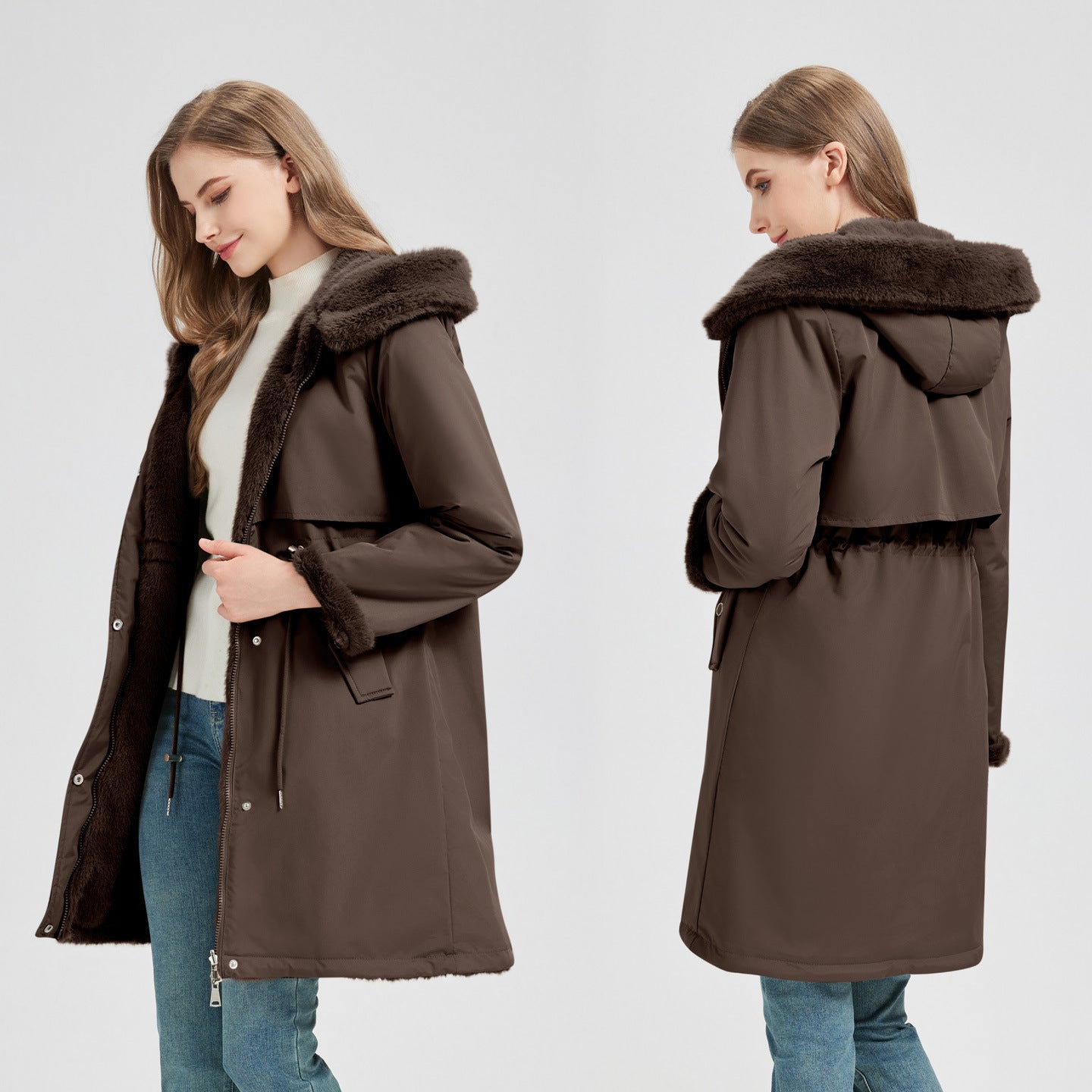 Women's tailored long thermal parka with faux fur trim on hood and sleeves as well as drawstring waist Chichicherry