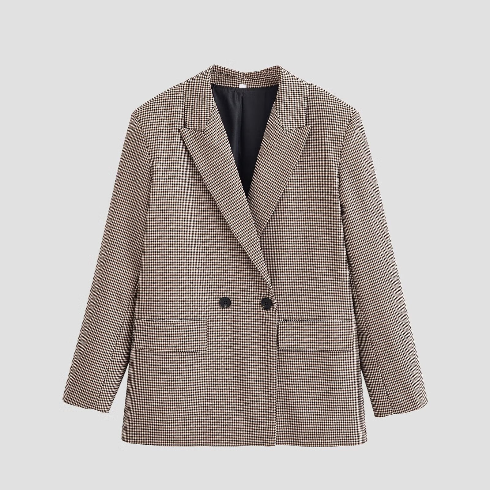 Women Double-Breasted Oversized Blazer with Houndstooth Pattern and Flap Pockets Chichicherry