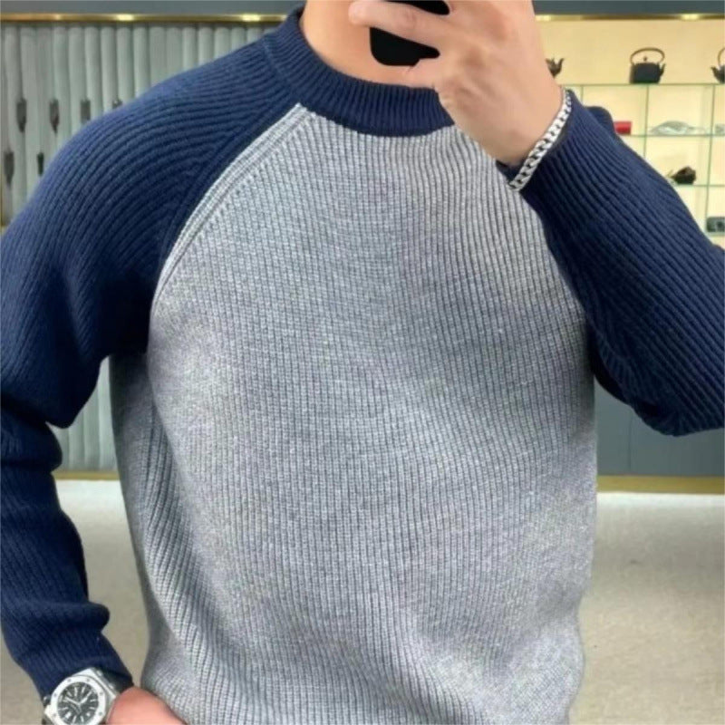 Herren Gerippter Raglan-Pullover mit Kontrastärmeln und kurzem Stehkragen Chichicherry