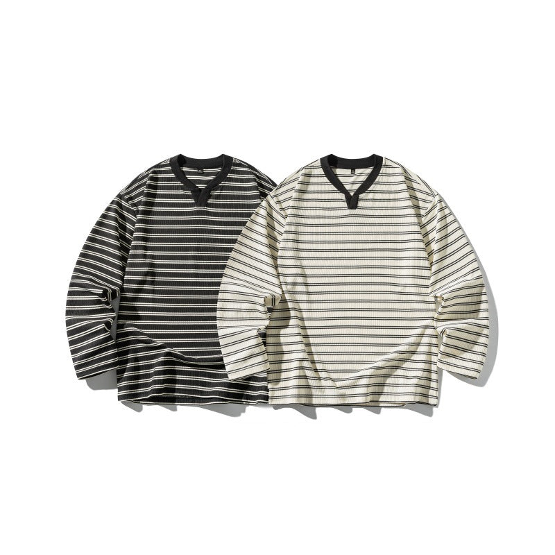 Unisex Striped Textured Long Sleeve with Notch V-Neck and Ribbed Structure Chichicherry