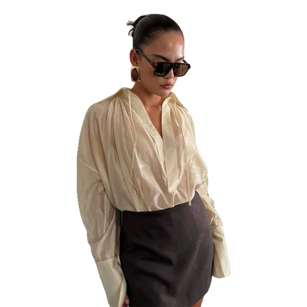 Women's Satin Glossy Oversized Blouse with Deep V-Neck, Wide Cuffs & Casual Silhouette Chichicherry