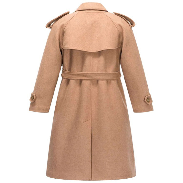 Women's Mid-Length Double-Breasted Wool Blend Trench Coat with Epaulettes and Belt Chichicherry